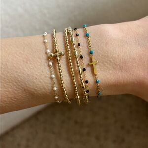 Dainty gold & turquoise beaded cross adjustable bracelet delicate jeweled chain